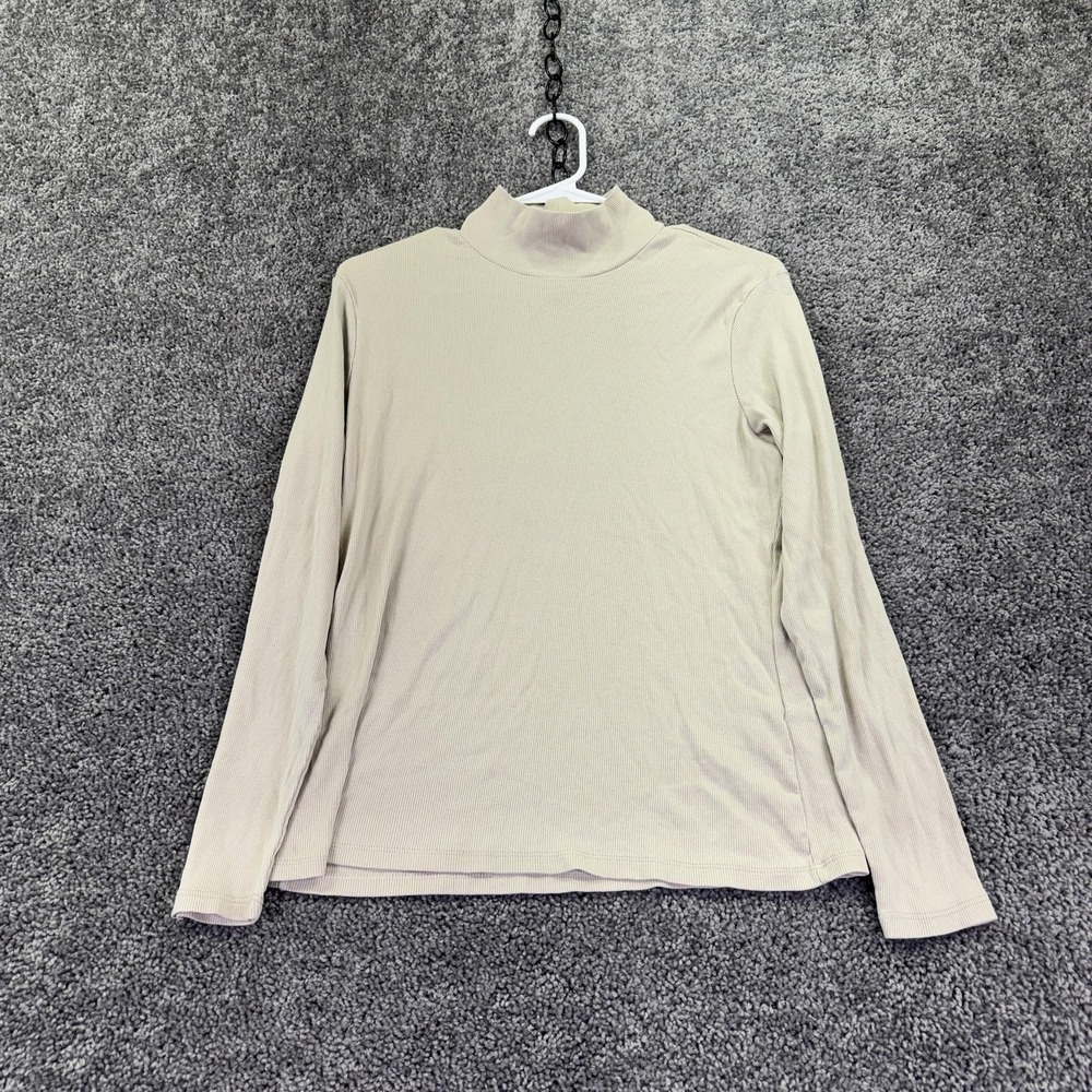 H&M Shirt Womens XL Beige Ribbed Mock Neck Long Sleeve Basic Stretch Tee Casual